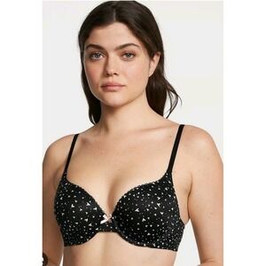 Victoria Secret Smoot Push Up Black With Pink Harts Bra 34DD.       (1242)